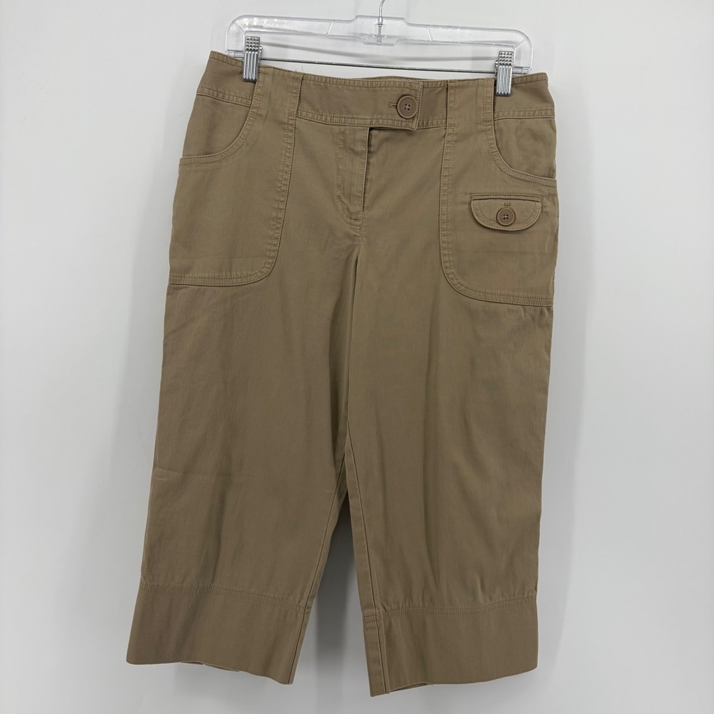 Ann Taylor LOFT Womens 8 Tan Khaki Capri Utility Pants Ribbed Cotton Button Hem